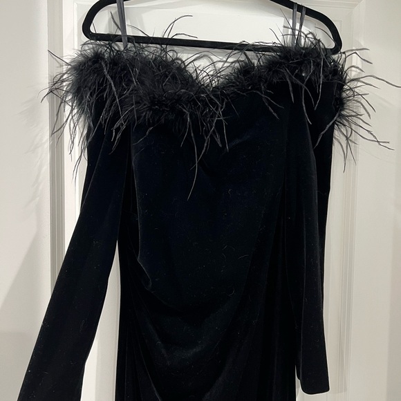 Xscape Black Long Sleeve Feather and Velvet Dress - Picture 2 of 7